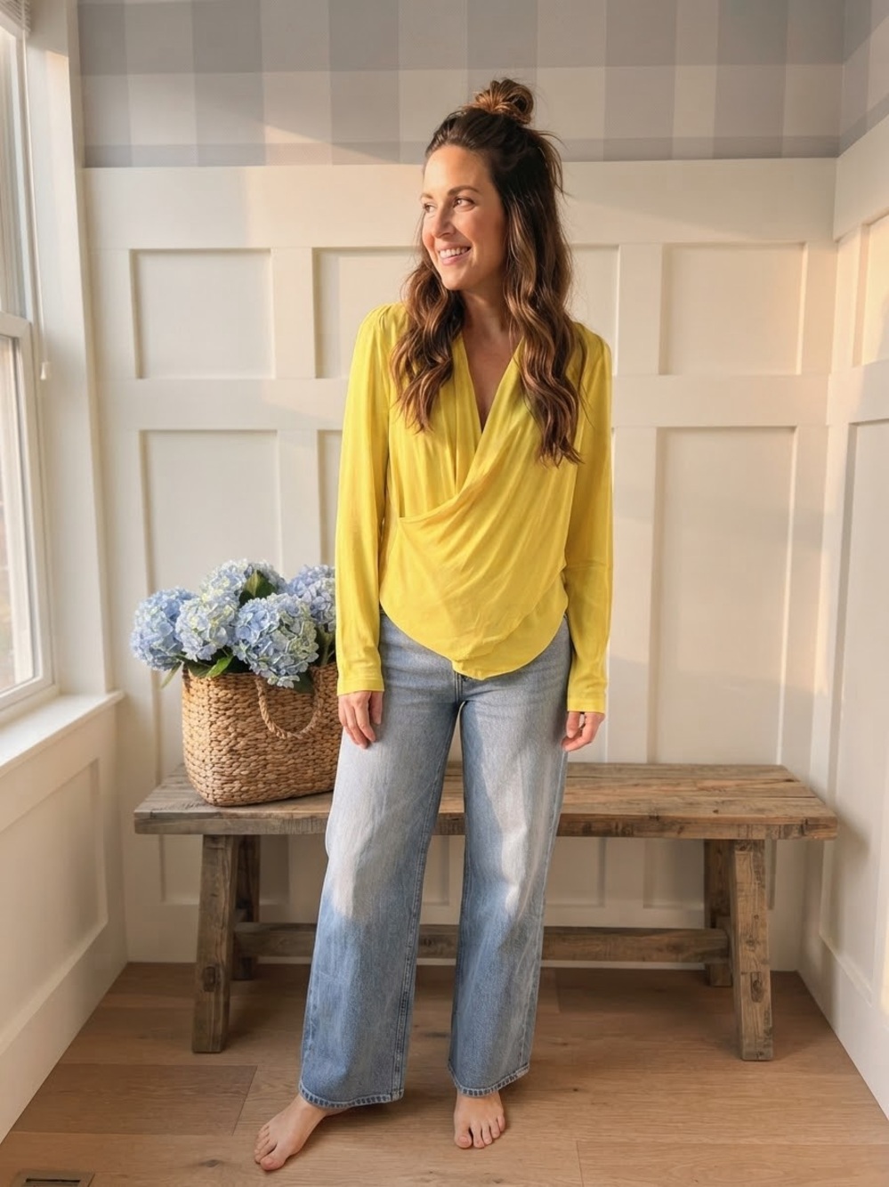 Mango Lemon Yellow Draped Surplice Long-Sleeve Blouse Large